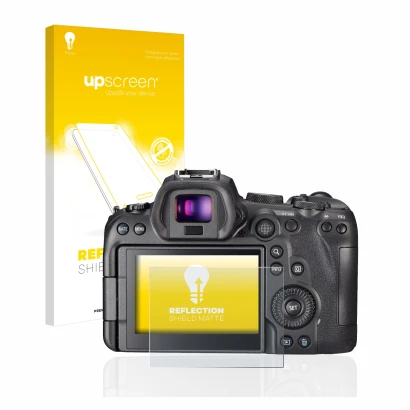 Vorderseite einer Produktverpackung mit dem Markenlogo upscreen. Daneben ist das Gerät Canon EOS R6 mit dem zugehörigen Displa