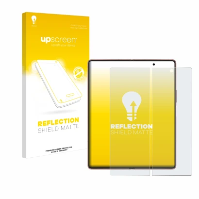 Vorderseite einer Produktverpackung mit dem Markenlogo upscreen. Daneben ist das Gerät Samsung Galaxy Z Fold 2 5G (Inneres Dis