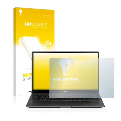 Vorderseite einer Produktverpackung mit dem Markenlogo upscreen. Daneben ist das Gerät ASUS ZenBook Flip 14 UX463FA mit dem zu