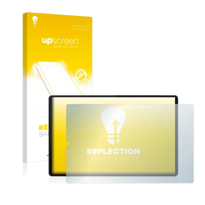 Vorderseite einer Produktverpackung mit dem Markenlogo upscreen. Daneben ist das Gerät Lenovo Tab M10 FHD Plus (im Querformat)