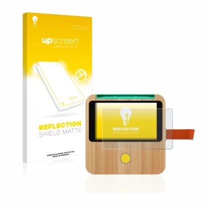 Vorderseite einer Produktverpackung mit dem Markenlogo upscreen. Daneben ist das Gerät tigerbox Touch mit dem zugehörigen Disp