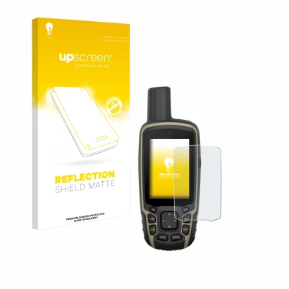 Vorderseite einer Produktverpackung mit dem Markenlogo upscreen. Daneben ist das Gerät Garmin GPSMAP 65 mit dem zugehörigen Di