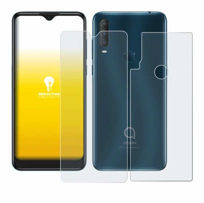 Abbildung des Geräts Alcatel 1S 2020 (Display+Rückseite) mit einer Vielzahl des Displayschutzes.