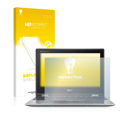 Vorderseite einer Produktverpackung mit dem Markenlogo upscreen. Daneben ist das Gerät Acer Chromebook Spin 311 mit dem zugehö