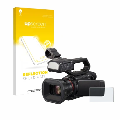 Vorderseite einer Produktverpackung mit dem Markenlogo upscreen. Daneben ist das Gerät Panasonic HC-X1500 mit dem zugehörigen 