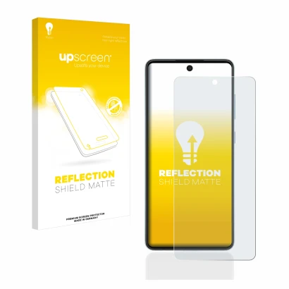 Vorderseite einer Produktverpackung mit dem Markenlogo upscreen. Daneben ist das Gerät Samsung Galaxy A52 5G mit dem zugehörig