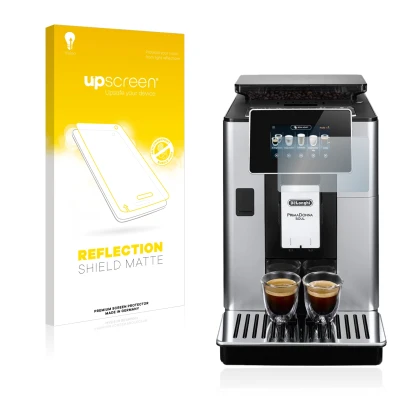 Vorderseite einer Produktverpackung mit dem Markenlogo upscreen. Daneben ist das Gerät DeLonghi PrimaDonna Soul ECAM610.74.MB