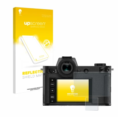 Vorderseite einer Produktverpackung mit dem Markenlogo upscreen. Daneben ist das Gerät Leica SL2-S mit dem zugehörigen Display