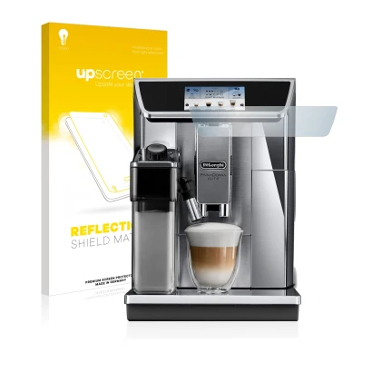 Vorderseite einer Produktverpackung mit dem Markenlogo upscreen. Daneben ist das Gerät DeLonghi PrimaDonna Elite Experience EC
