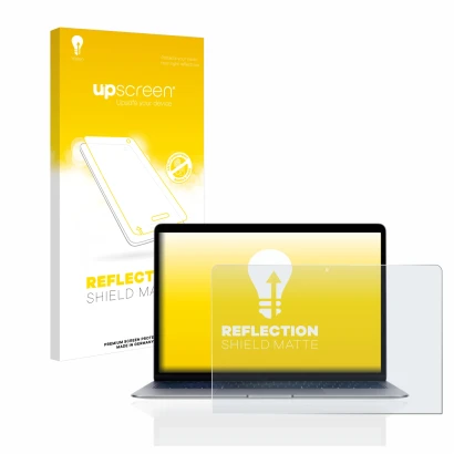 Vorderseite einer Produktverpackung mit dem Markenlogo upscreen. Daneben ist das Gerät Apple MacBook Air 13" 2020 mit dem zuge