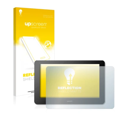 Vorderseite einer Produktverpackung mit dem Markenlogo upscreen. Daneben ist das Gerät Wacom One Creative Pen Display mit dem