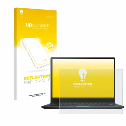 Vorderseite einer Produktverpackung mit dem Markenlogo upscreen. Daneben ist das Gerät ASUS Rog Flow X13 2022 mit dem zugehöri