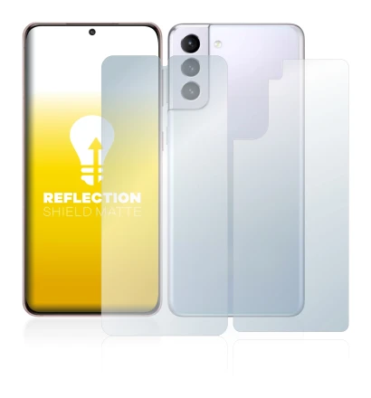 Abbildung des Geräts Samsung Galaxy S21 5G (Display+Rückseite) mit einer Vielzahl des Displayschutzes.