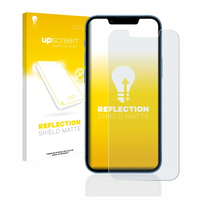 Vorderseite einer Produktverpackung mit dem Markenlogo upscreen. Daneben ist das Gerät Apple iPhone 13 mini mit dem zugehörige