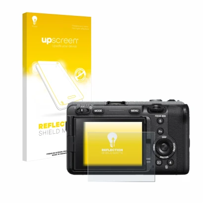 Vorderseite einer Produktverpackung mit dem Markenlogo upscreen. Daneben ist das Gerät Sony FX3 mit dem zugehörigen Displaysch