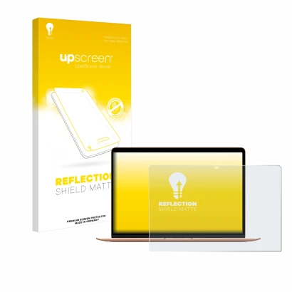 Vorderseite einer Produktverpackung mit dem Markenlogo upscreen. Daneben ist das Gerät Apple MacBook Air M1 2020 mit dem zugeh