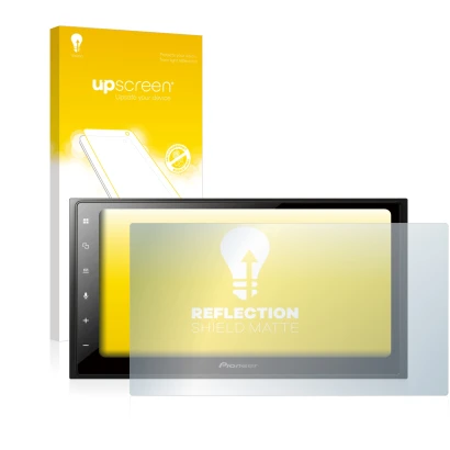 Vorderseite einer Produktverpackung mit dem Markenlogo upscreen. Daneben ist das Gerät Pioneer SPH-DA250DAB mit dem zugehörige