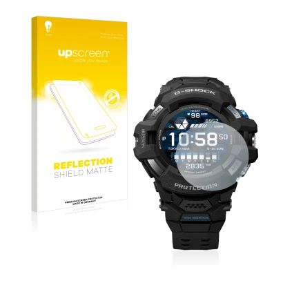 Vorderseite einer Produktverpackung mit dem Markenlogo upscreen. Daneben ist das Gerät Casio G-Shock GSW-H1000 mit dem zugehör