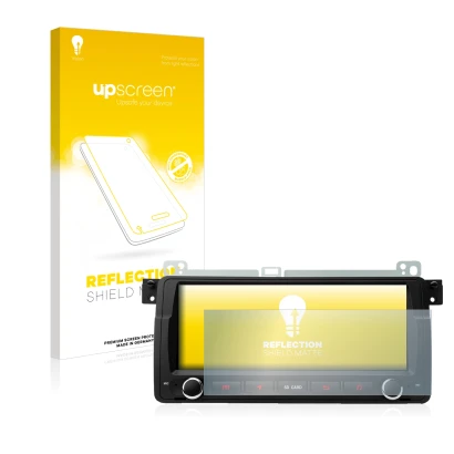 Vorderseite einer Produktverpackung mit dem Markenlogo upscreen. Daneben ist das Gerät Xtrons PQ8046BL mit dem zugehörigen Dis