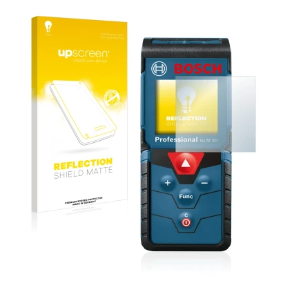 Vorderseite einer Produktverpackung mit dem Markenlogo upscreen. Daneben ist das Gerät Bosch GLM 40 Professional mit dem zugeh