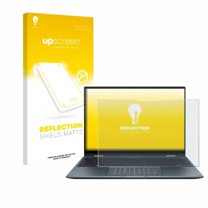 Vorderseite einer Produktverpackung mit dem Markenlogo upscreen. Daneben ist das Gerät ASUS ZenBook 14 Flip OLED mit dem zugeh