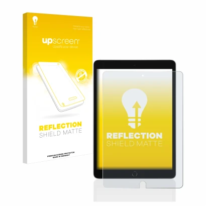 Vorderseite einer Produktverpackung mit dem Markenlogo upscreen. Daneben ist das Gerät Apple iPad 10.2