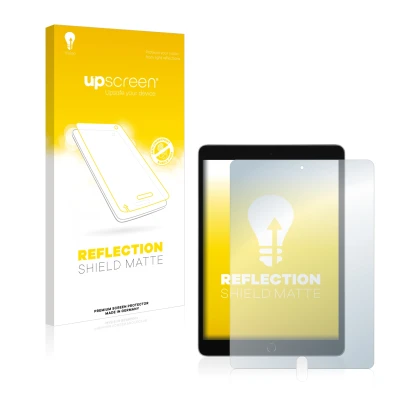 Vorderseite einer Produktverpackung mit dem Markenlogo upscreen. Daneben ist das Gerät Apple iPad 10.2" 2021 (9. Gen.) mit dem