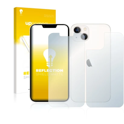 Vorderseite einer Produktverpackung mit dem Markenlogo upscreen. Daneben ist das Gerät Apple iPhone 13 (Display+Rückseite) mit