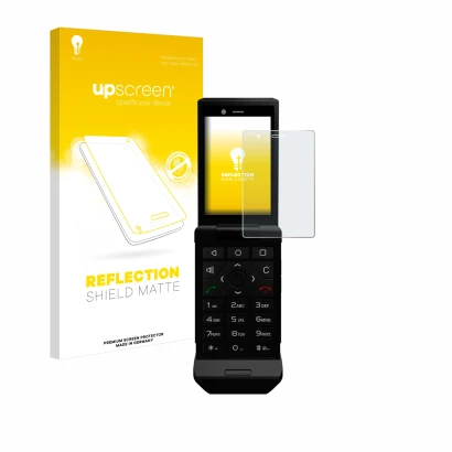 Vorderseite einer Produktverpackung mit dem Markenlogo upscreen. Daneben ist das Gerät Caterpillar Cat S22 Flip mit dem zugehö