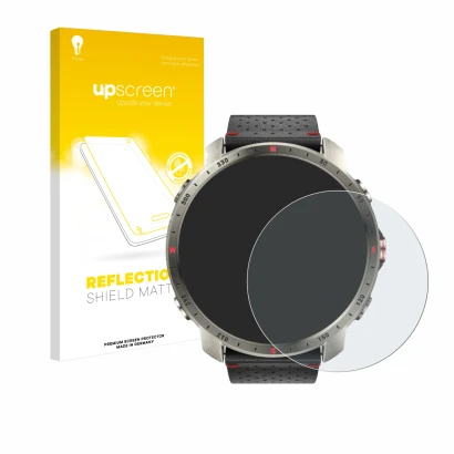 Vorderseite einer Produktverpackung mit dem Markenlogo upscreen. Daneben ist das Gerät Polar Grit X Pro Titan mit dem zugehöri