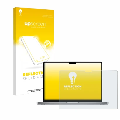 Vorderseite einer Produktverpackung mit dem Markenlogo upscreen. Daneben ist das Gerät Apple MacBook Pro 14" 2021 mit dem zuge