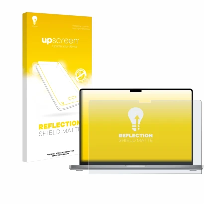 Vorderseite einer Produktverpackung mit dem Markenlogo upscreen. Daneben ist das Gerät Apple MacBook Pro 16