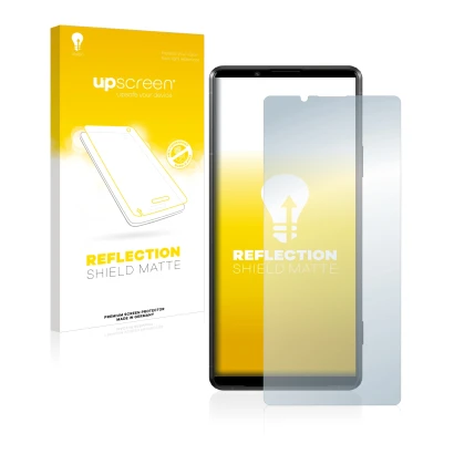 Vorderseite einer Produktverpackung mit dem Markenlogo upscreen. Daneben ist das Gerät Sony Xperia Pro-I mit dem zugehörigen D