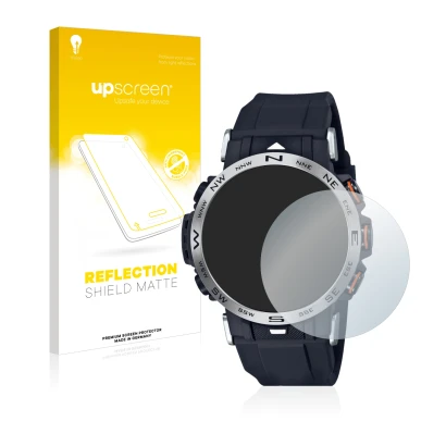 Vorderseite einer Produktverpackung mit dem Markenlogo upscreen. Daneben ist das Gerät Casio Pro Trek PRW-30-1AER mit dem zuge