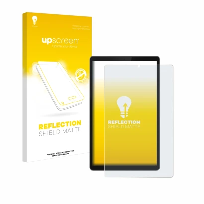 Vorderseite einer Produktverpackung mit dem Markenlogo upscreen. Daneben ist das Gerät Lenovo Tab TB-X306F mit dem zugehörigen