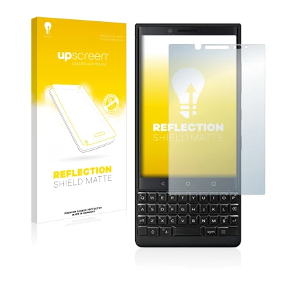 Vorderseite einer Produktverpackung mit dem Markenlogo upscreen. Daneben ist das Gerät BlackBerry Key2 (Dual Sim) mit dem zuge