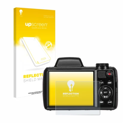 Vorderseite einer Produktverpackung mit dem Markenlogo upscreen. Daneben ist das Gerät Kodak Pixpro AZ525 mit dem zugehörigen