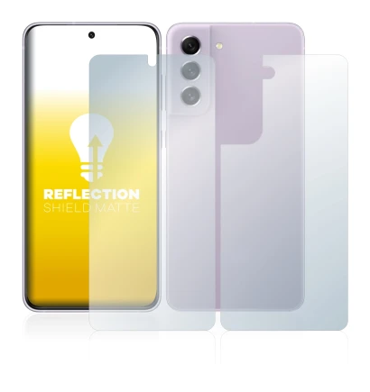 Abbildung des Geräts Samsung Galaxy S21 FE 5G (Display+Rückseite) mit einer Vielzahl des Displayschutzes.