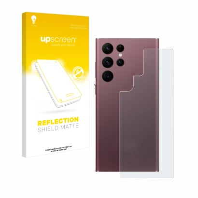 Vorderseite einer Produktverpackung mit dem Markenlogo upscreen. Daneben ist das Gerät Samsung Galaxy S22 Ultra 5G (Rückseite)