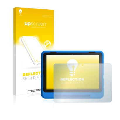 Vorderseite einer Produktverpackung mit dem Markenlogo upscreen. Daneben ist das Gerät Amazon Fire HD 8 Kids Pro Edition 2021 