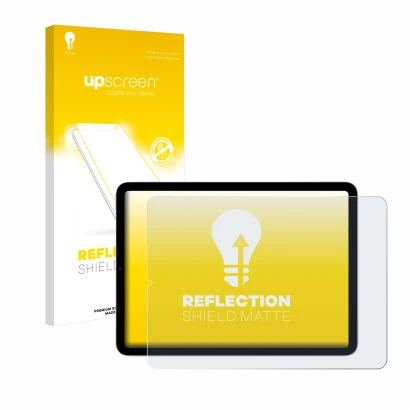 Vorderseite einer Produktverpackung mit dem Markenlogo upscreen. Daneben ist das Gerät Apple iPad Air 5 WiFi 2022 (5. Gen.) mi