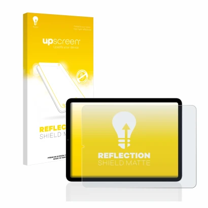 Vorderseite einer Produktverpackung mit dem Markenlogo upscreen. Daneben ist das Gerät Apple iPad Air 5 2022 (5. Gen.) mit dem