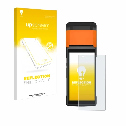 Vorderseite einer Produktverpackung mit dem Markenlogo upscreen. Daneben ist das Gerät Sunmi V2s mit dem zugehörigen Displaysc
