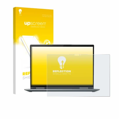 Vorderseite einer Produktverpackung mit dem Markenlogo upscreen. Daneben ist das Gerät Lenovo ThinkPad X1 Yoga Gen 7 mit dem z