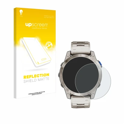 Vorderseite einer Produktverpackung mit dem Markenlogo upscreen. Daneben ist das Gerät Garmin D2 Mach 1 mit dem zugehörigen Di