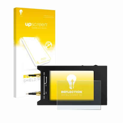 Vorderseite einer Produktverpackung mit dem Markenlogo upscreen. Daneben ist das Gerät NanoVNA H4 mit dem zugehörigen Displays