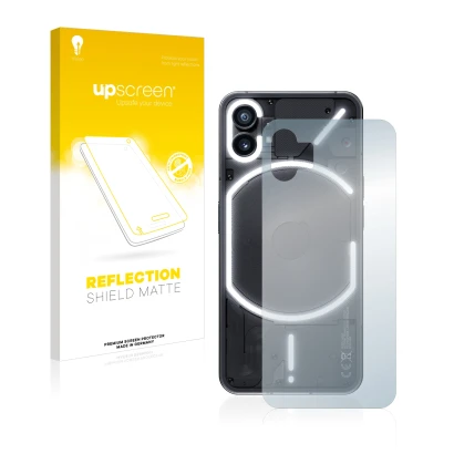 Vorderseite einer Produktverpackung mit dem Markenlogo upscreen. Daneben ist das Gerät Nothing Phone (1) (Rückseite) mit dem z