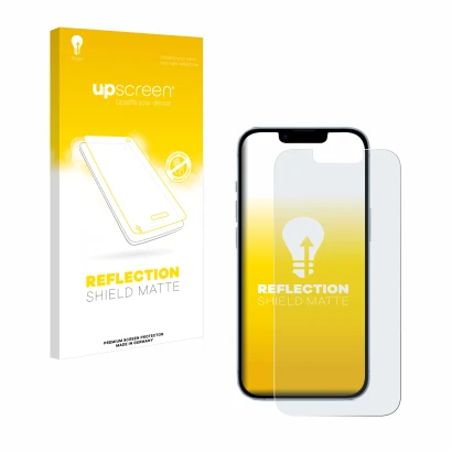 Vorderseite einer Produktverpackung mit dem Markenlogo upscreen. Daneben ist das Gerät Apple iPhone 14 mit dem zugehörigen Dis