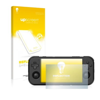 Vorderseite einer Produktverpackung mit dem Markenlogo upscreen. Daneben ist das Gerät Retroid Pocket 3 mit dem zugehörigen Di