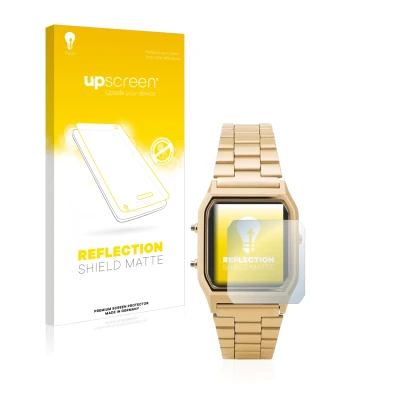 Vorderseite einer Produktverpackung mit dem Markenlogo upscreen. Daneben ist das Gerät Casio AQ-230GA mit dem zugehörigen Disp